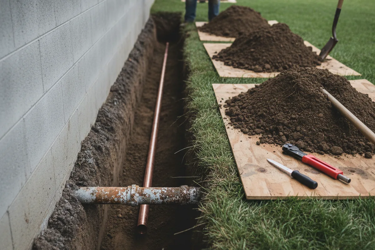 Excavated water line trench during Sewer Line Repair in Moses Lake